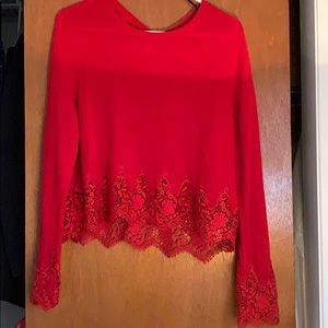 H&M Divided Red Long-Sleeve Top with Lace Detail